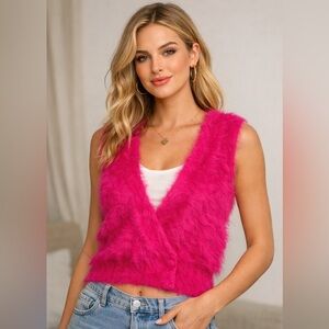 Fuzzy Hot Pink Sleeveless V-Neck Vest